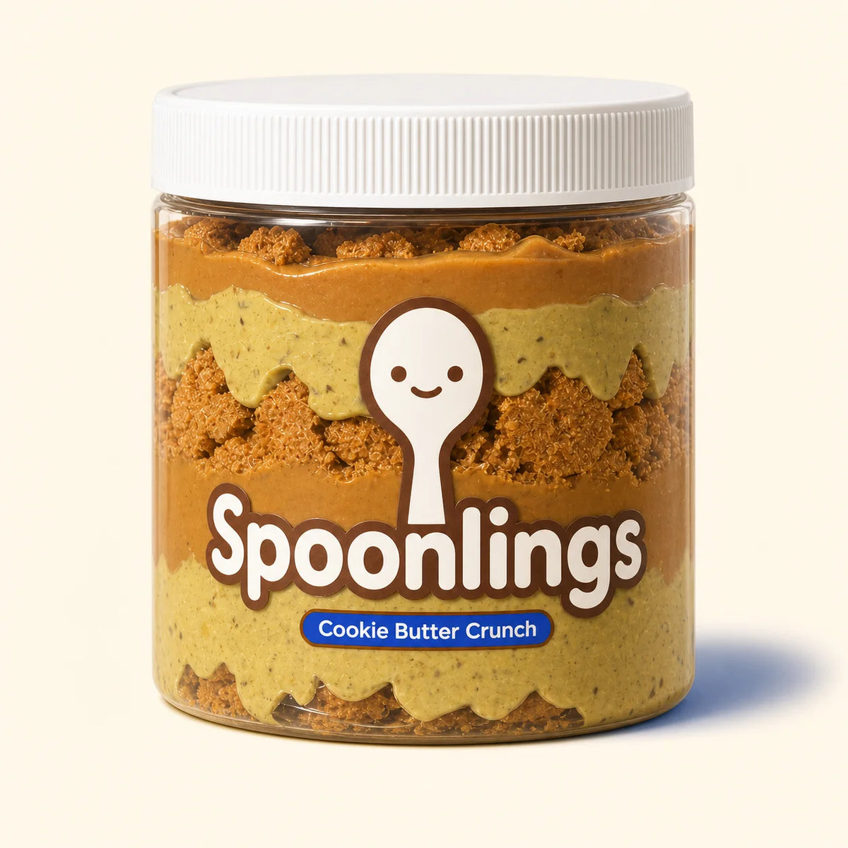 Closed 16 oz Spoonlings Cookie Butter Crunch jar with cobalt blue label