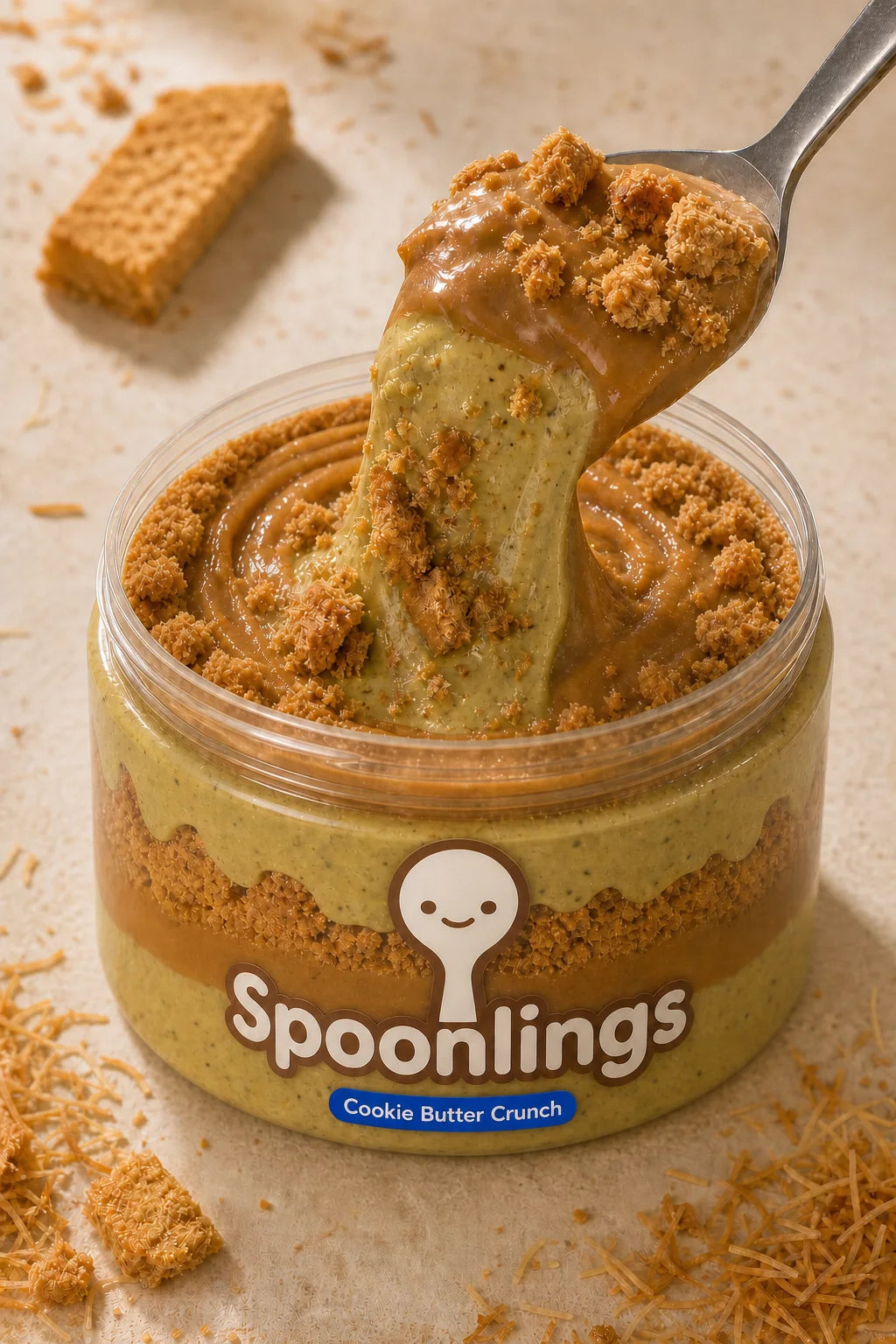 Spoon lifting pistachio cream, cookie butter, and caramelized crunch from the Cookie Butter Crunch jar